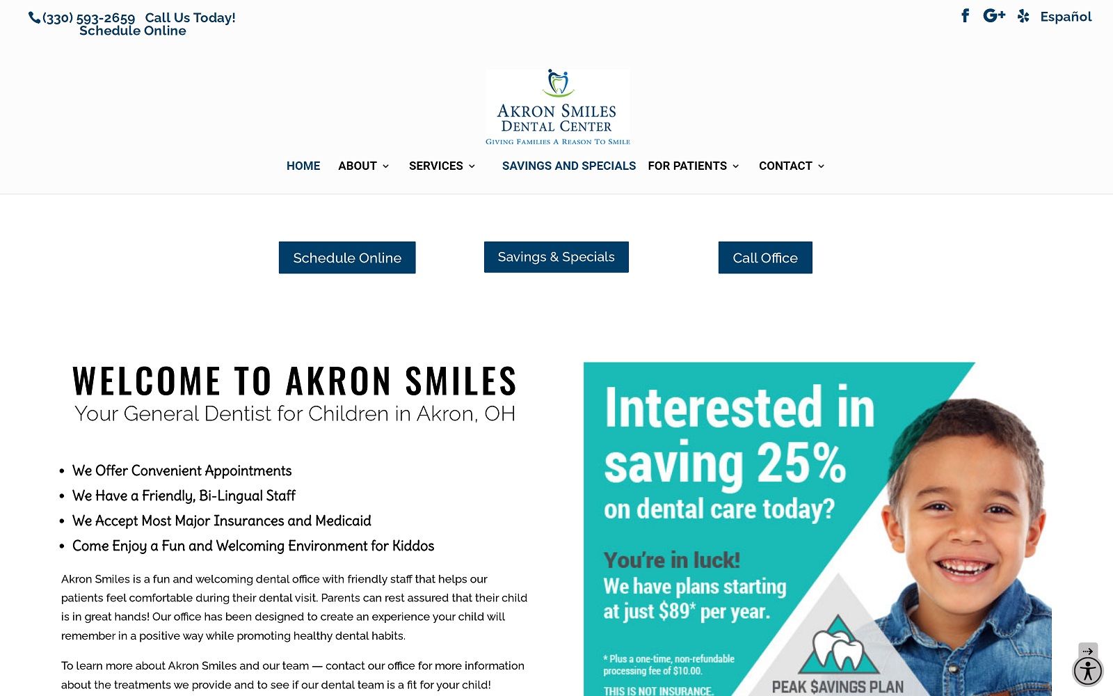 The screenshot of akron smiles dental center akronsmilesbright. Com website