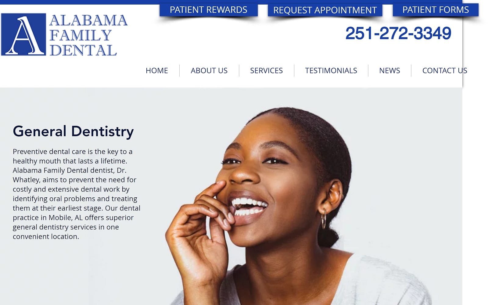 The screenshot of alabama family dental alabamafamilydental. Com website