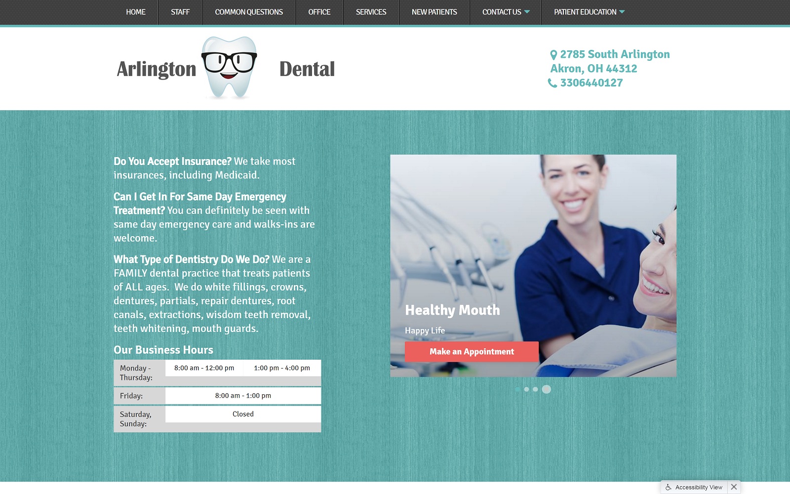 The screenshot of arlington dental arlingtondentalakron. Com website