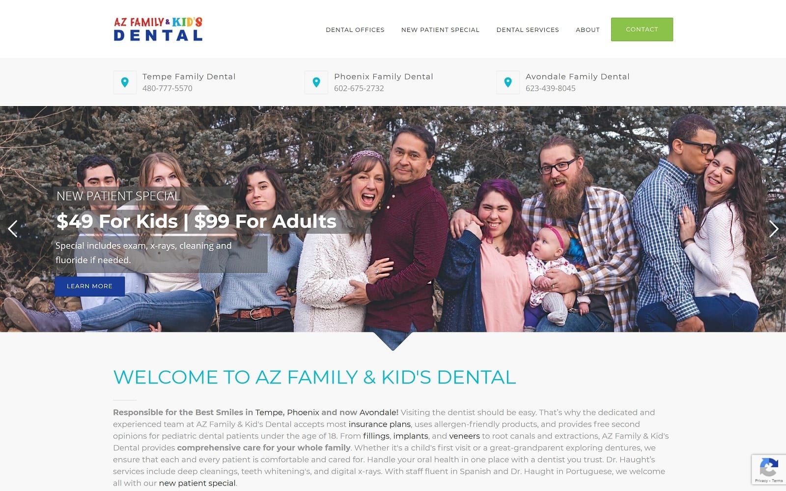 The screenshot of az family & kids dental azfamilykidsdental. Com/tempe-dentist website