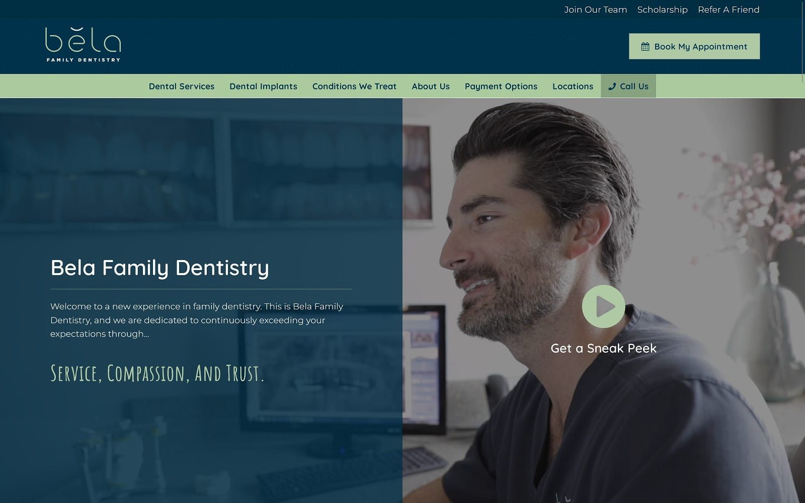 The screenshot of bela family dentistry of augusta beladentistry. Com website