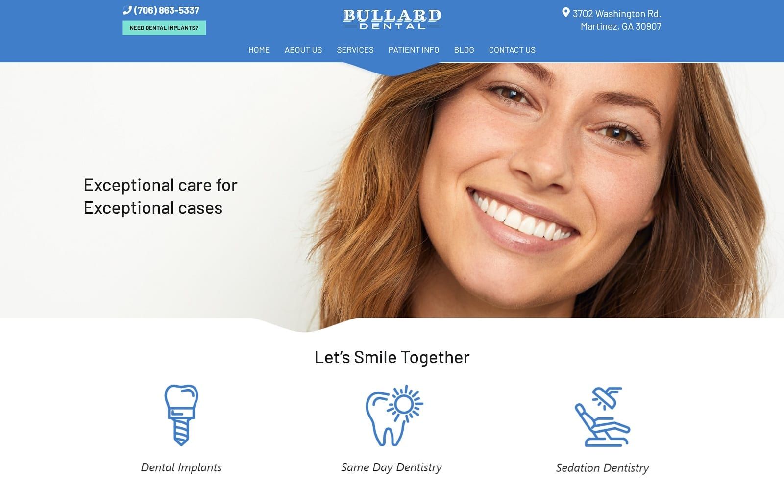 The screenshot of bullard dental - dental implants & dentures bullarddentalaugusta. Com dr. Jonathan bullard website