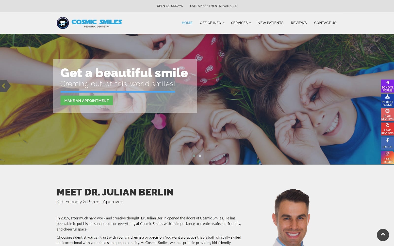 The screenshot of cosmic smiles pediatric dentistry cosmicsmiles. Com dr. Julian berlin website