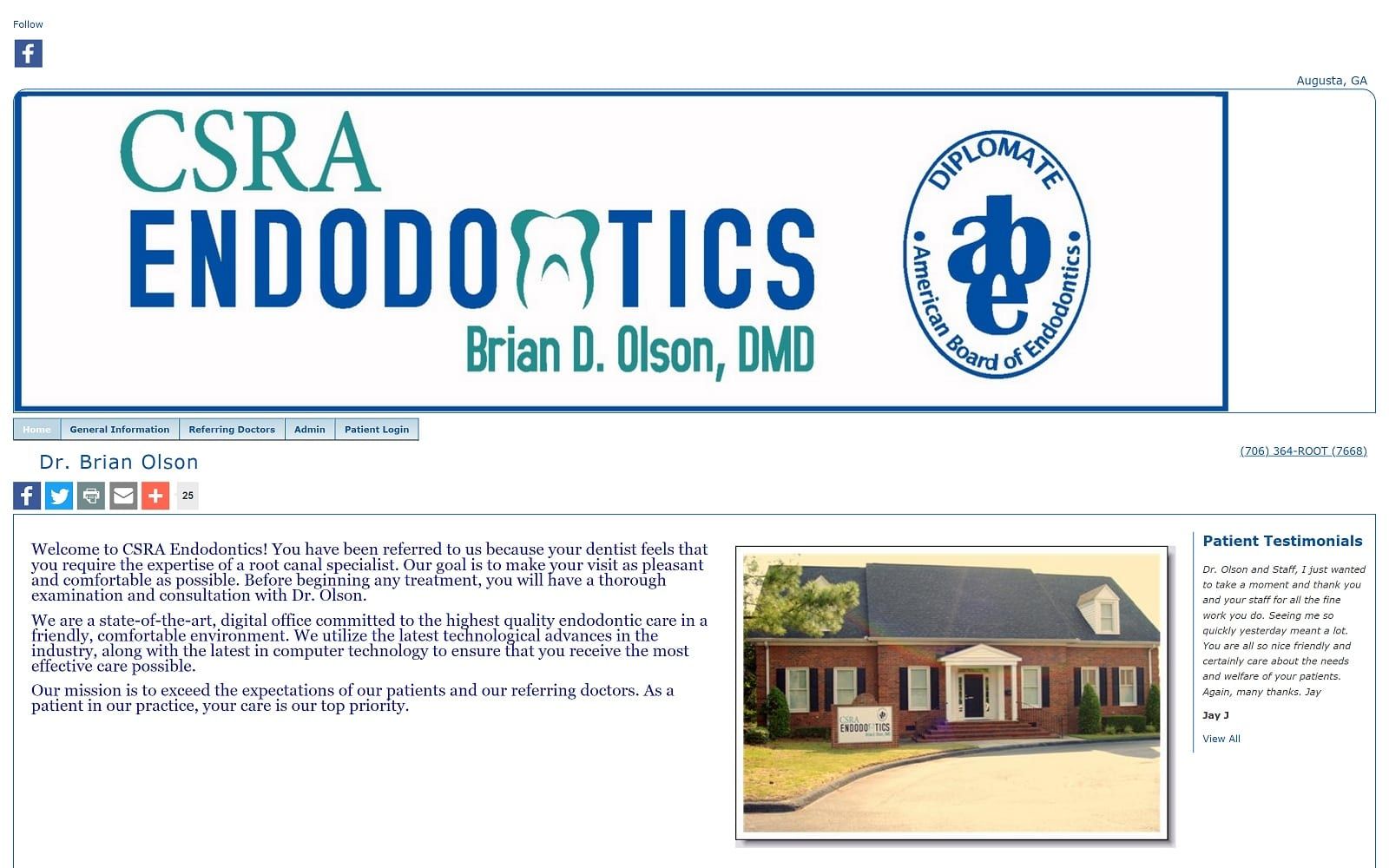 The screenshot of csra endodontics, office of dr. Brian olson csraendo. Com/home. Aspx website