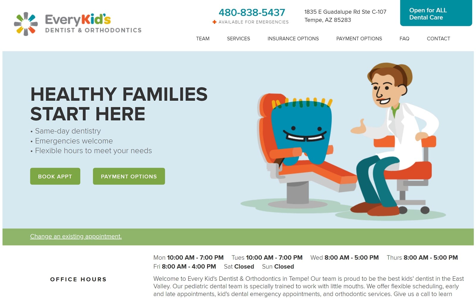 The screenshot of every kid's dentist & orthodontics ekdtempe. Com website