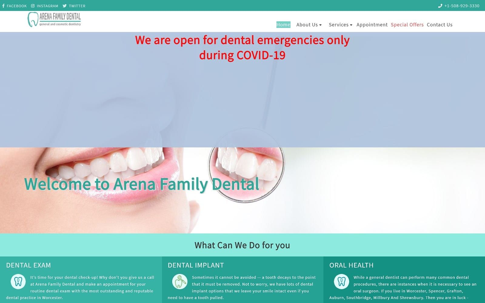 The screenshot of arena family dental family-dentistry-worcester. Com website