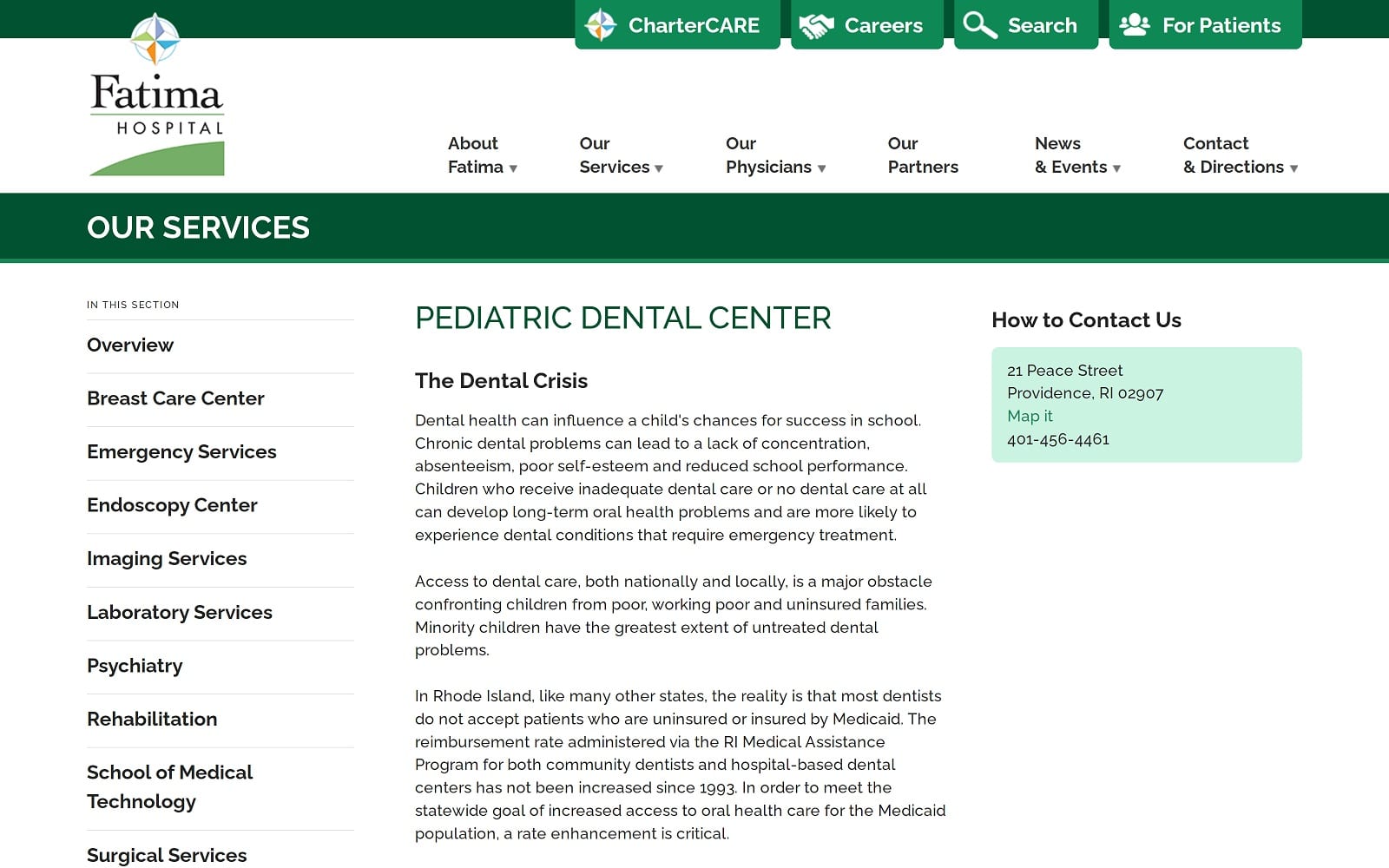 The screenshot of st joseph pediatric dental center fatimahospital. Com/services/pediatric-dental-center website