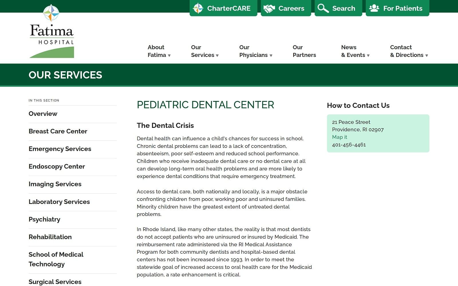 The screenshot of st joseph pediatric dental center fatimahospital. Com/services/pediatric-dental-center website