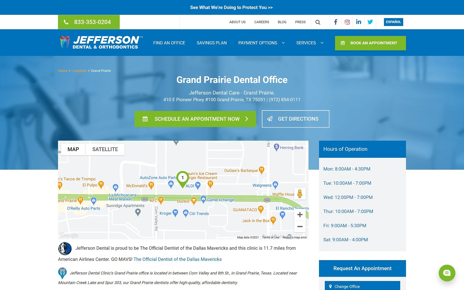 The screenshot of jefferson dental & orthodontics jeffersondentalclinics. Com/clinics/grand-prairie-tx website