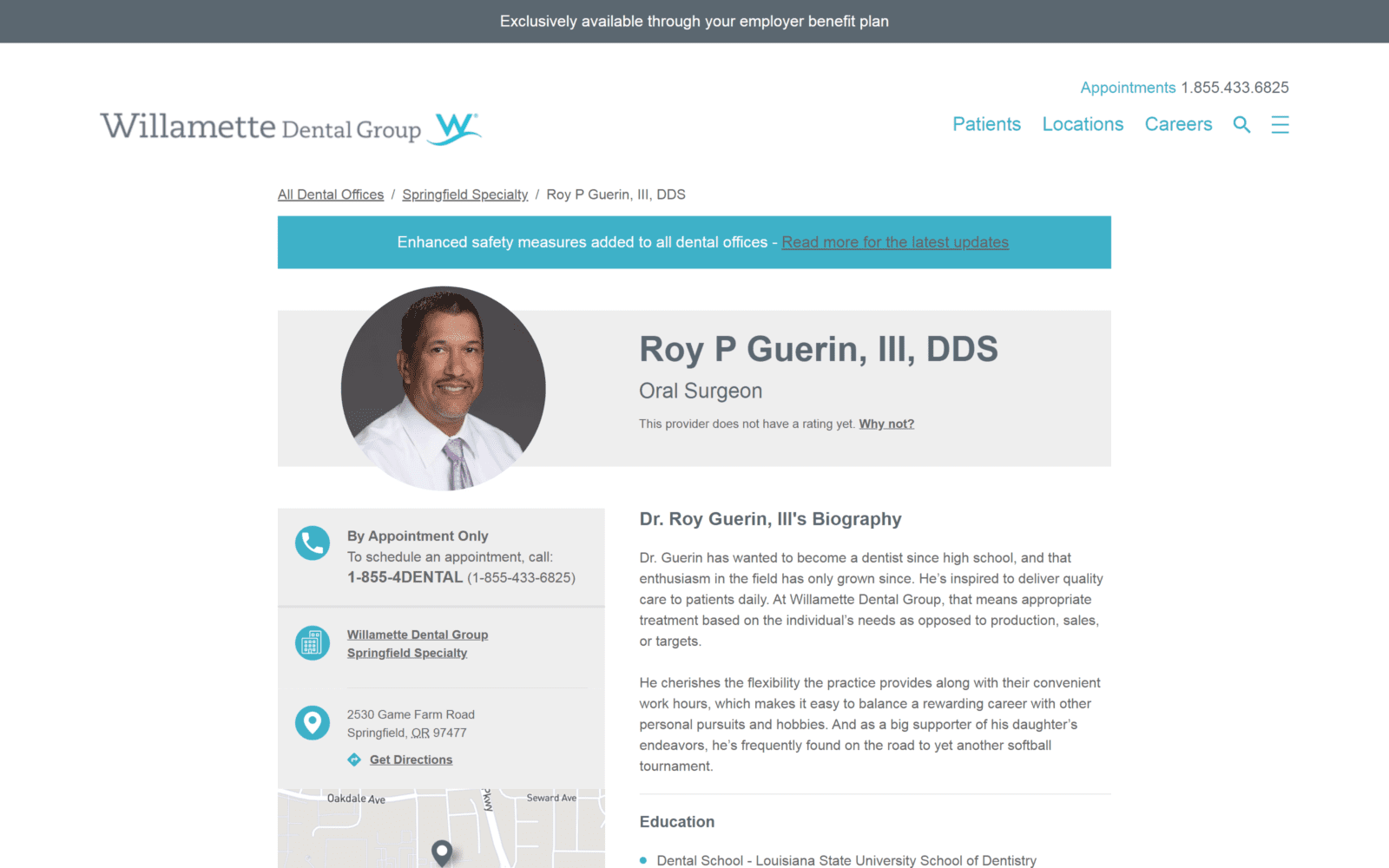 The screenshot of roy p guerin, iii, dds locations. Willamettedental. Com/or/springfield/2530-game-farm-road/roy-guerin--iii. Html website