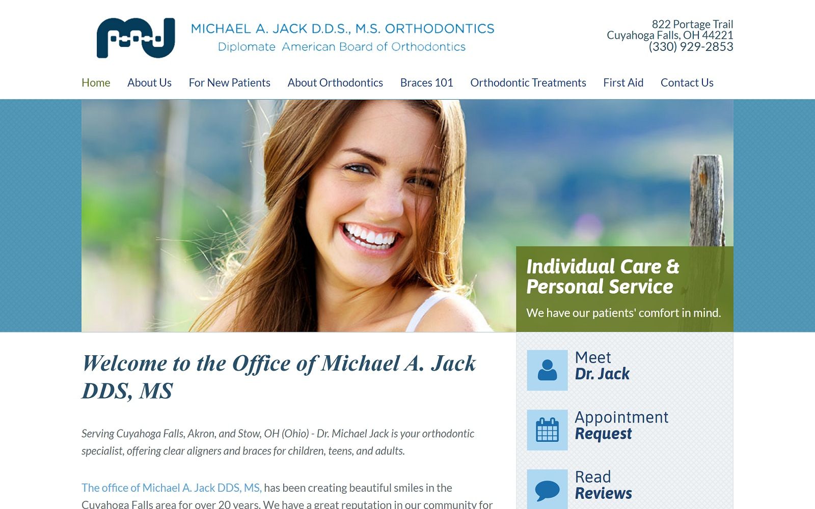 The screenshot of michael a. Jack dds, ms mjackortho. Com website