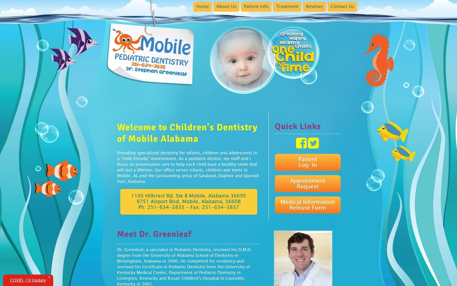 The screenshot of mobile pediatric dentistry mobilepediatricdentistry. Com dr. Greenleaf website
