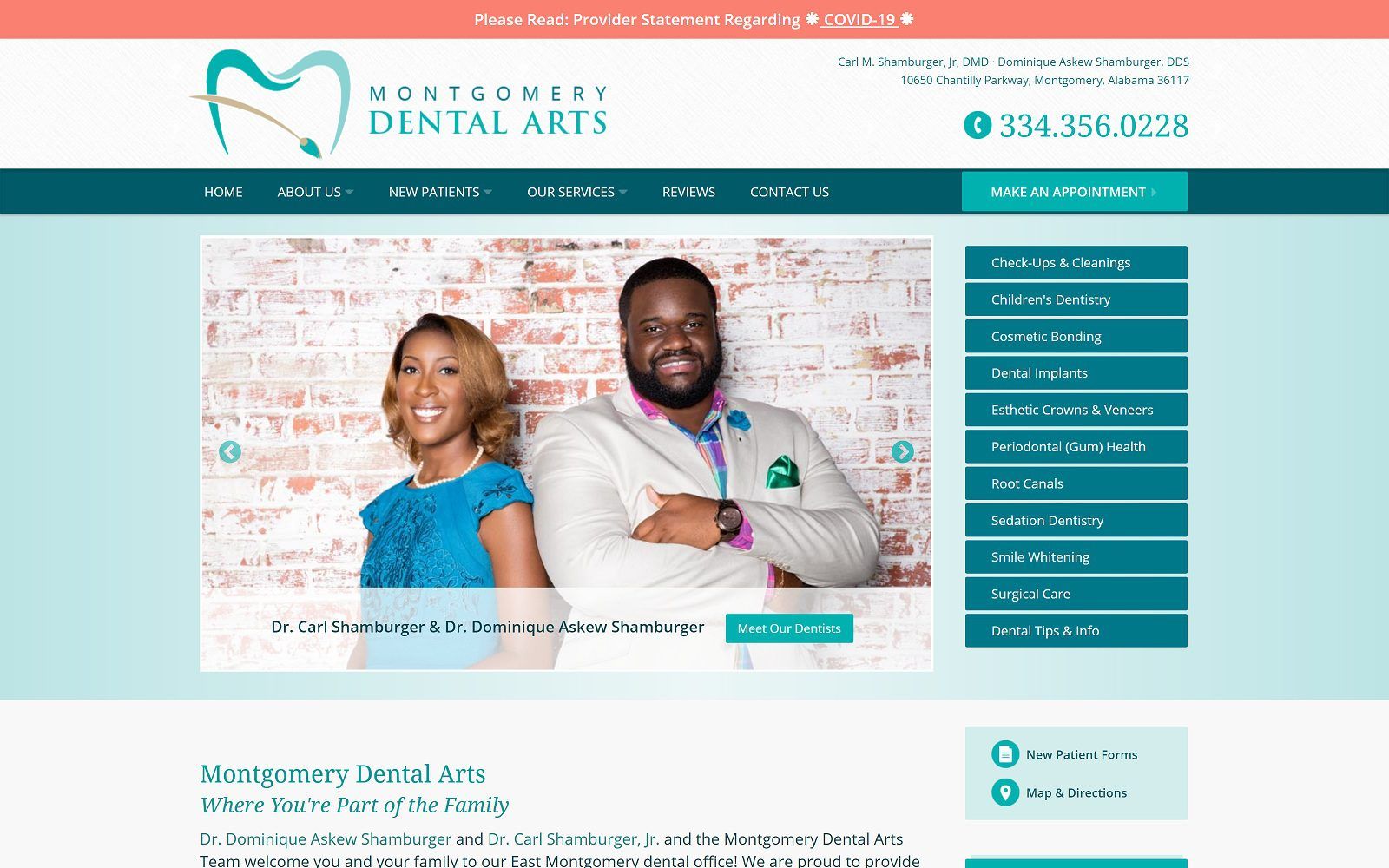 The screenshot of montgomery dental arts montgomerydentalarts. Com dr. Carl shamburger website