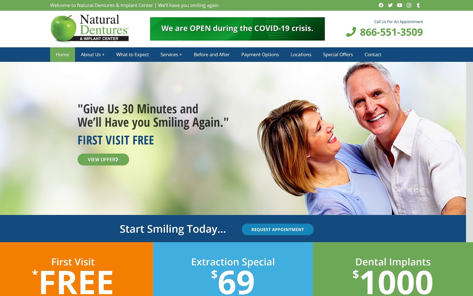 The screenshot of natural dentures & implant center naturaldentures. Com website