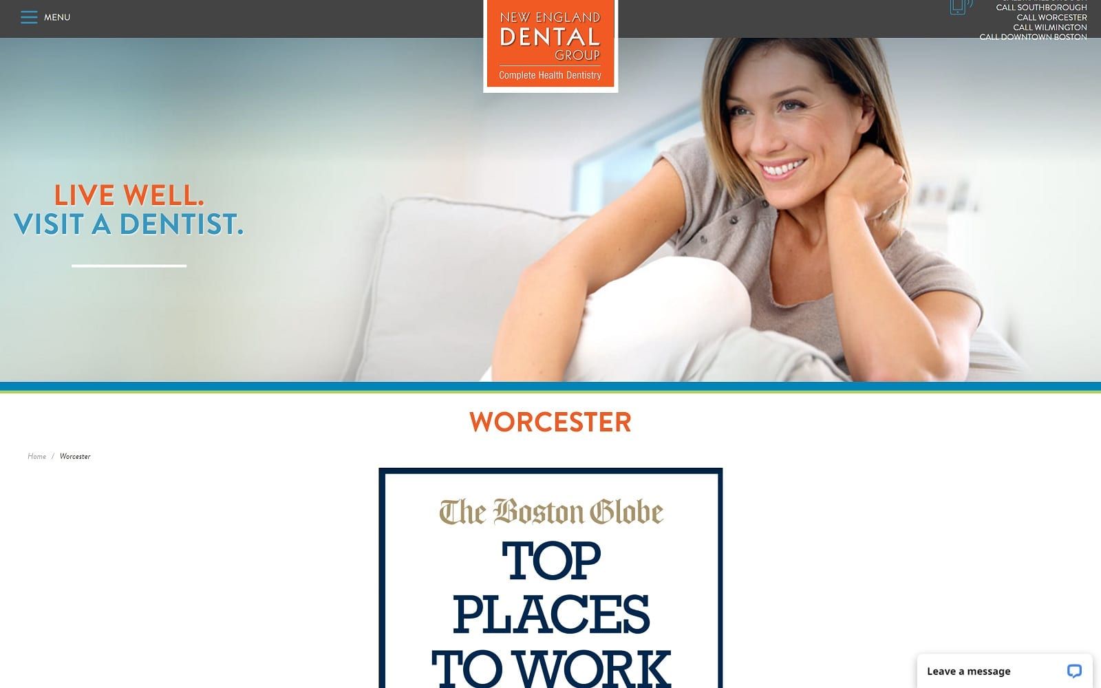 The screenshot of new england dental group newenglanddentalgroup. Com/worcester website