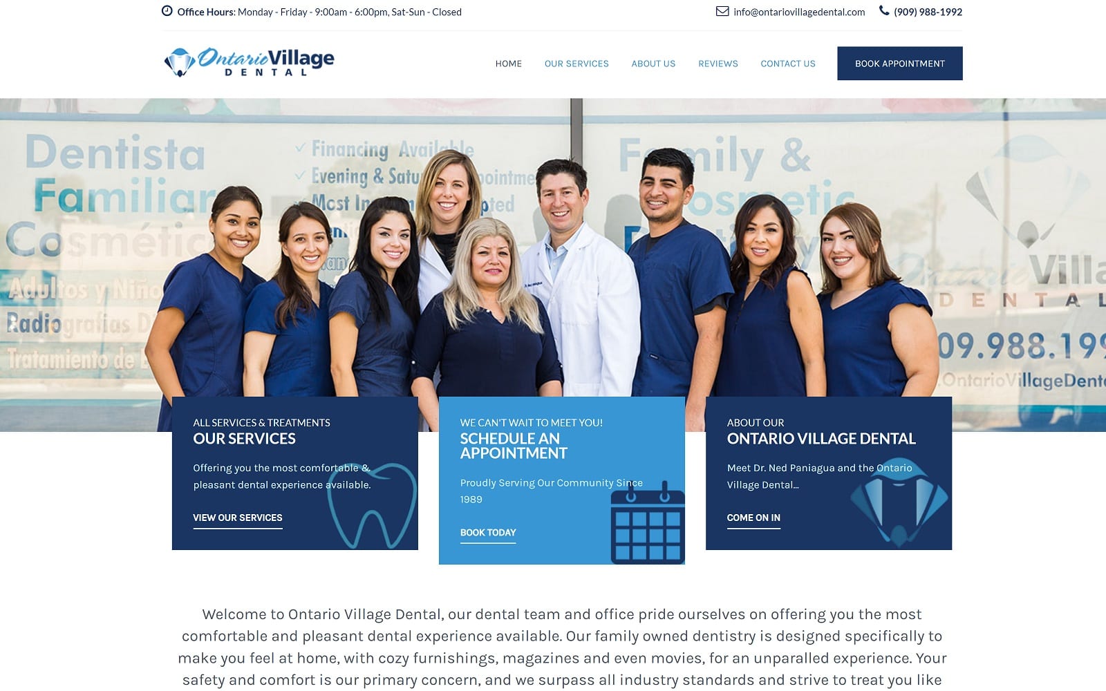 The screenshot of ontario village dental ontariovillagedental. Com website