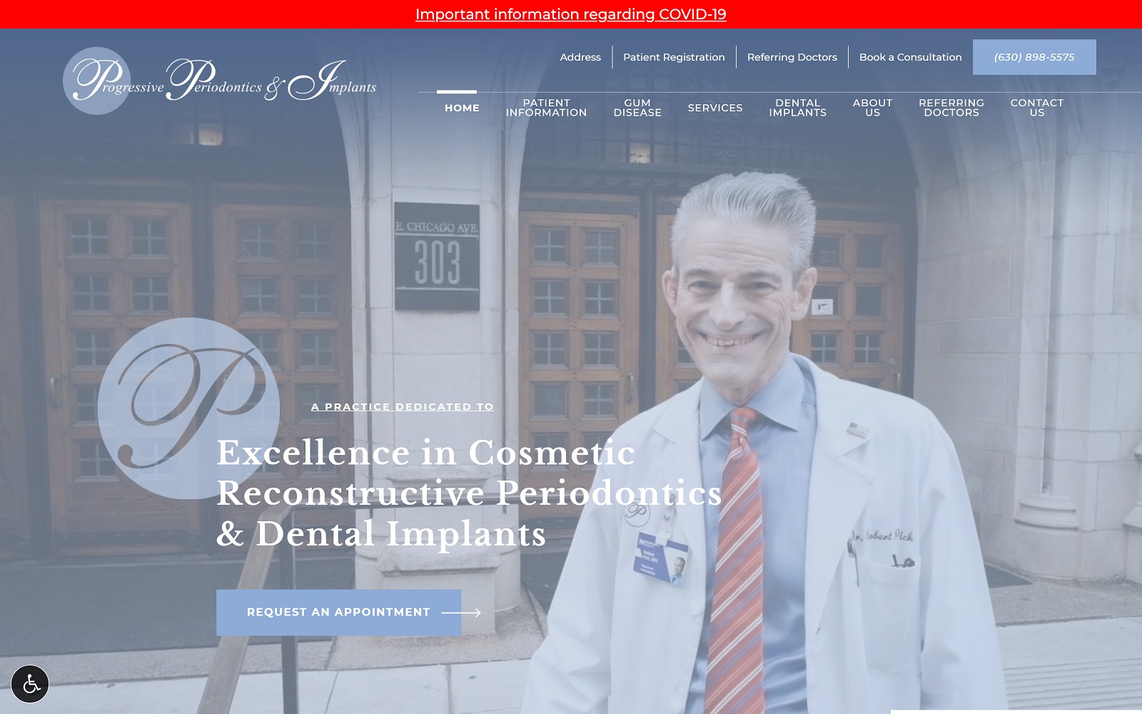 The screenshot of progressive periodontics & implants: robert m. Pick, dds, ms progressiveperio. Com website