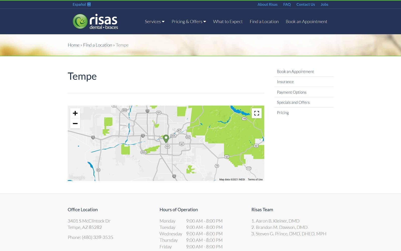 The screenshot of risas dental and braces - tempe risasdental. Com/find-a-location/tempe website