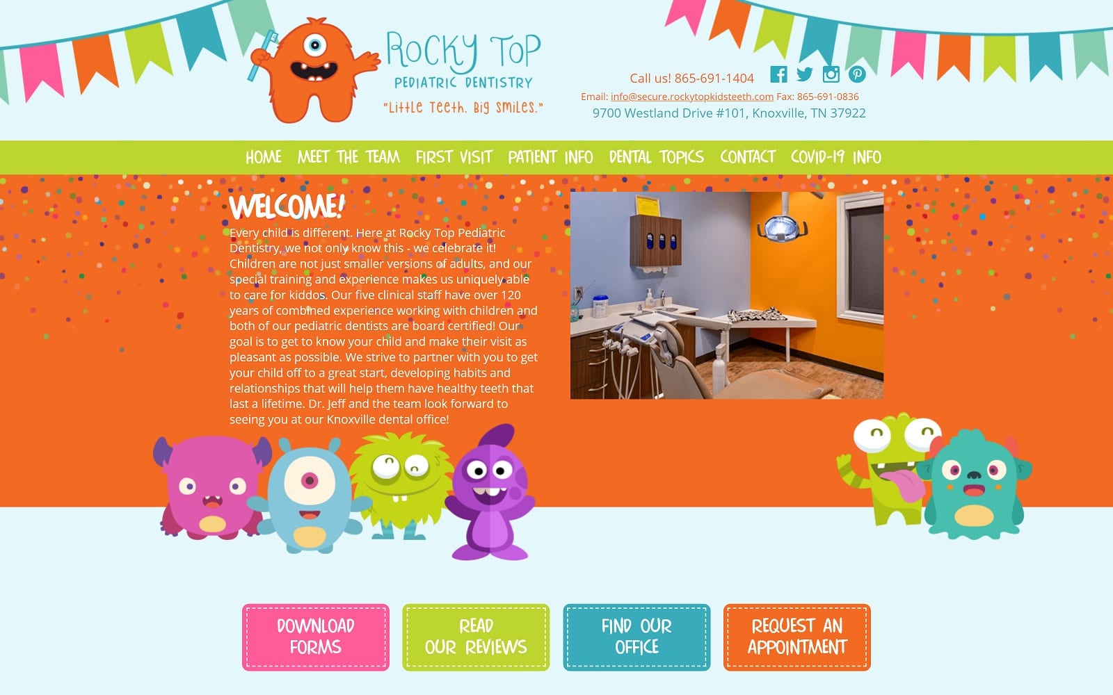 The screenshot of rocky top pediatric dentistry rockytopkidsteeth. Com website