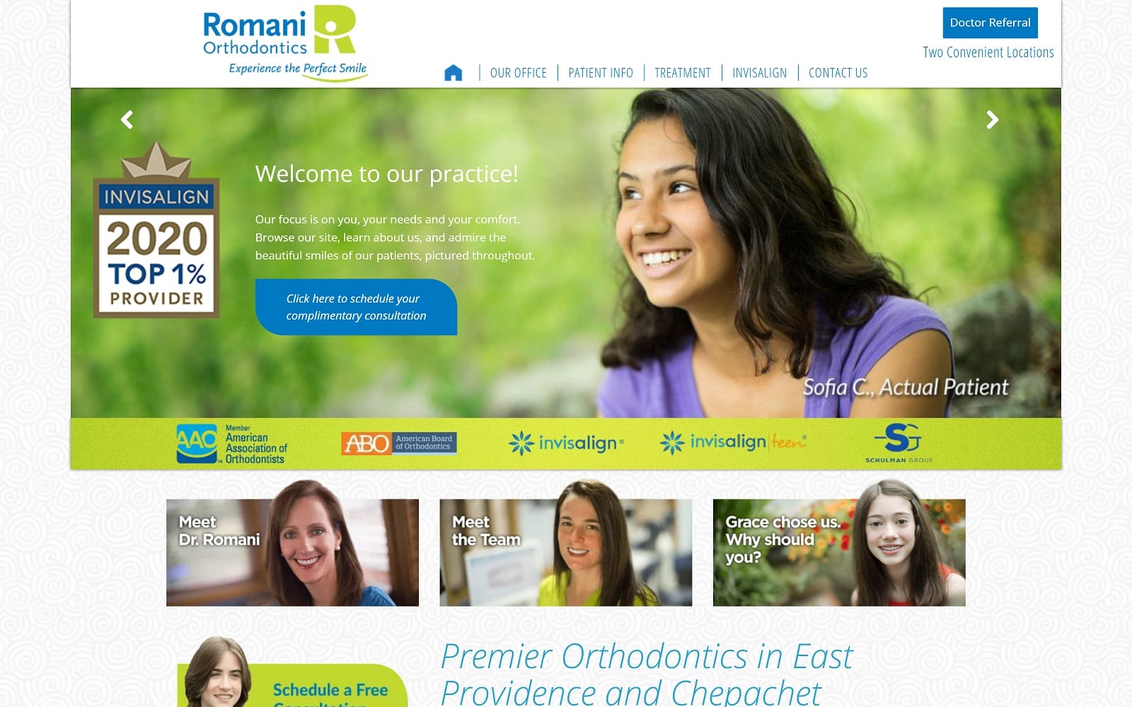 The screenshot of romani orthodontics romaniorthodontics. Com website