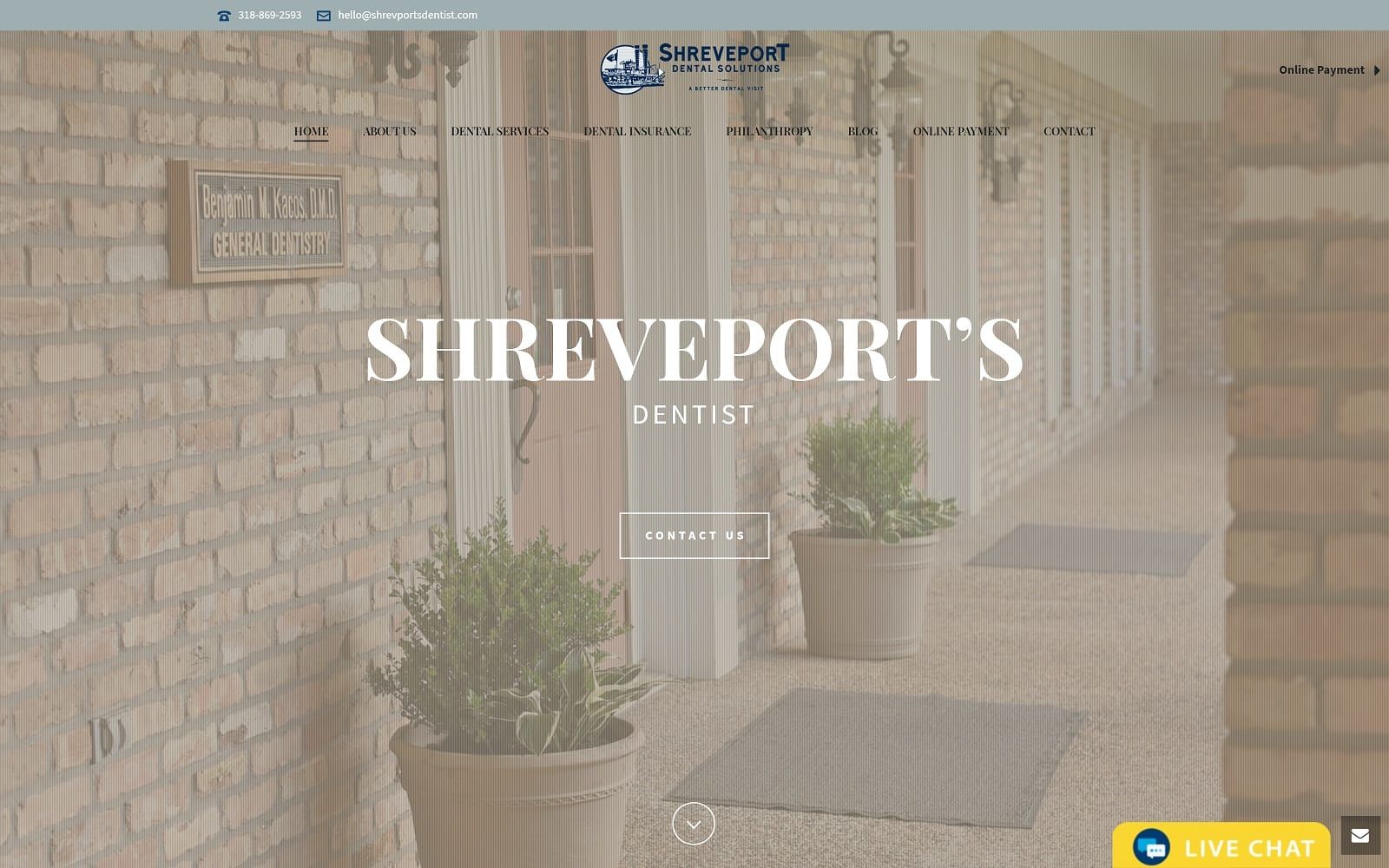 The screenshot of shreveport dentist, benjamin m. Kacos dmd, ficoi shreveportsdentist. Com website