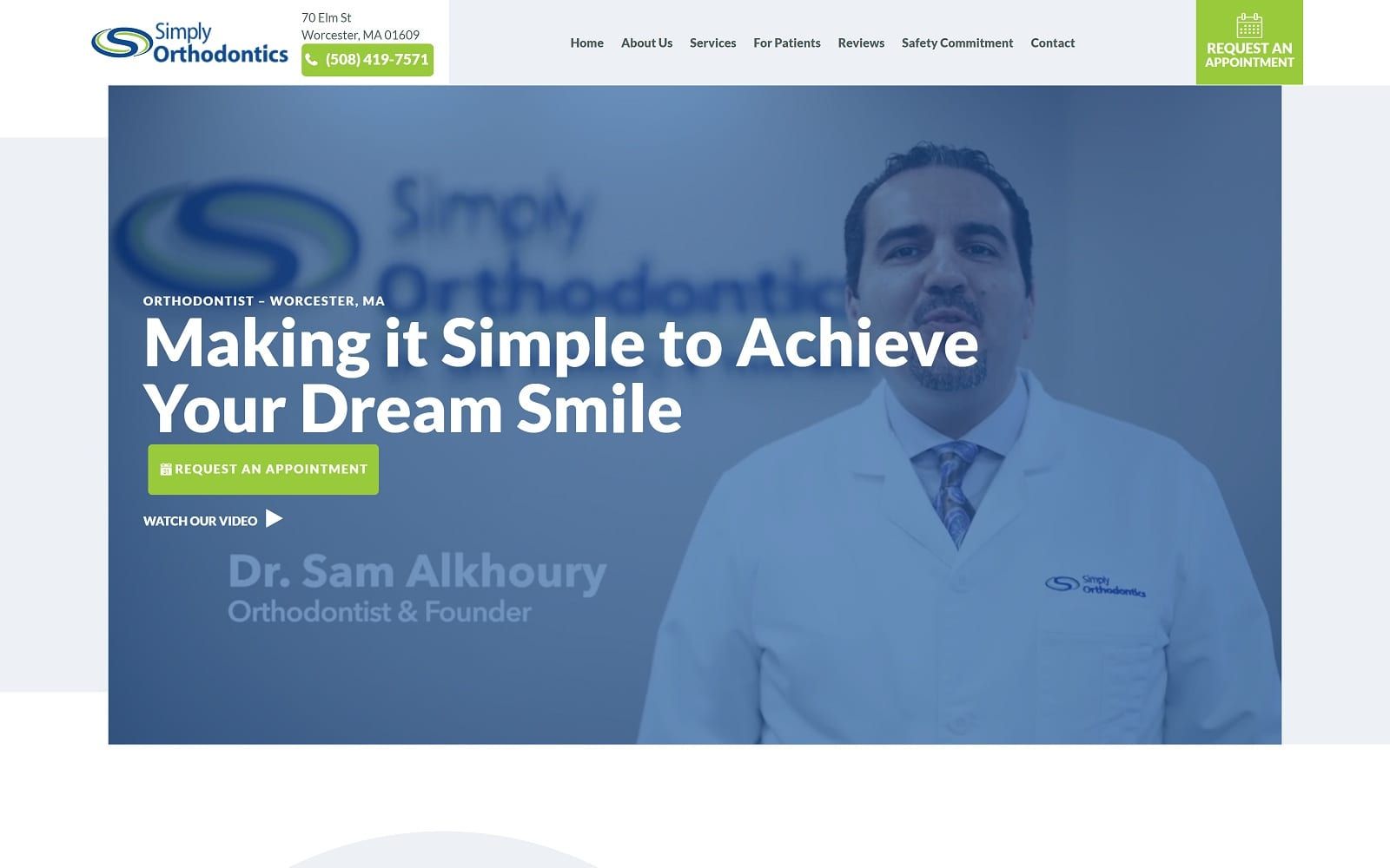 The screenshot of simply orthodontics worcester simplyorthoworcester. Com dr. Sam alkhoury website
