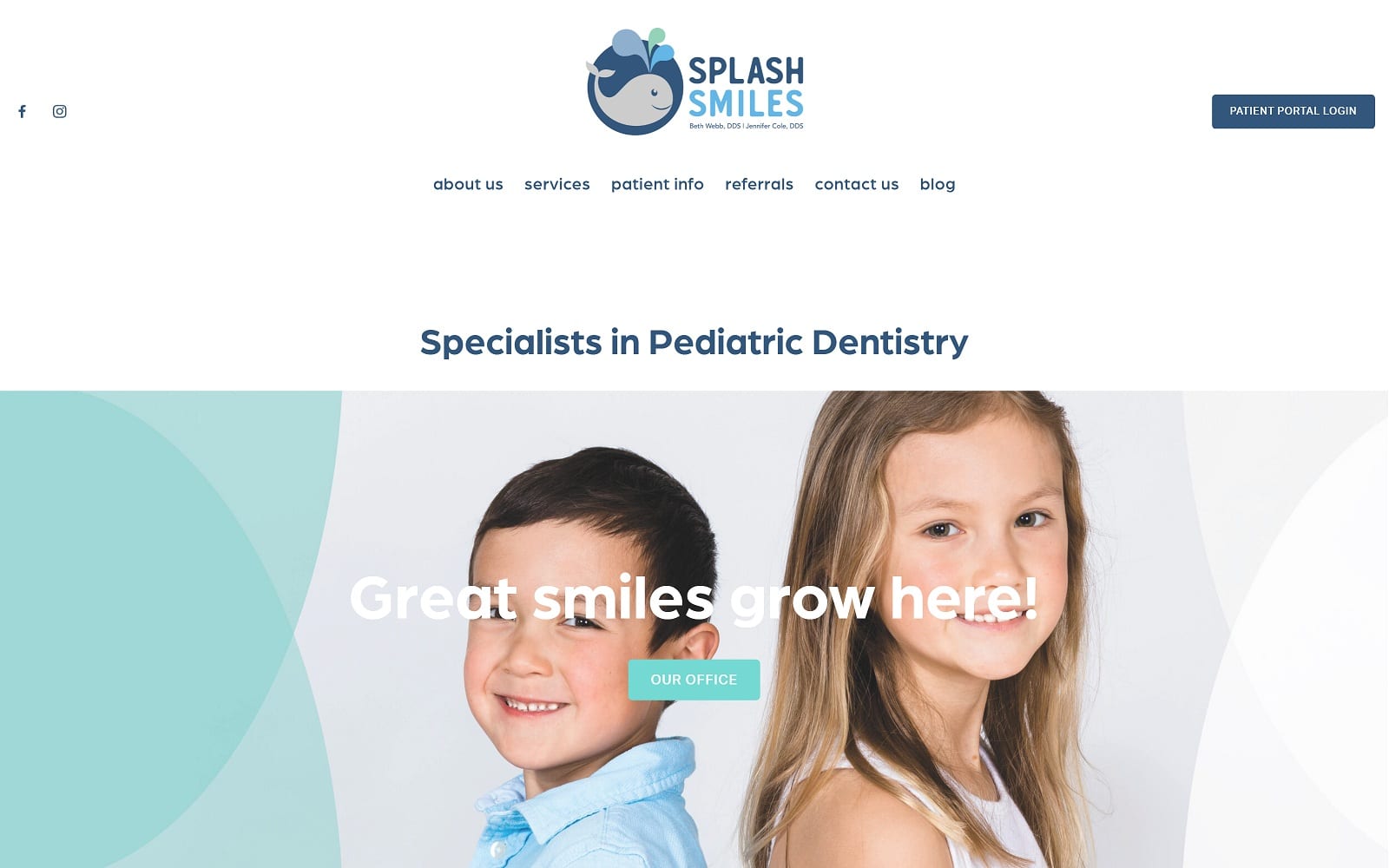 The screenshot of splash smiles pediatric dentistry northshore- drs. Jennifer cole and beth webb chattasmiles. Com website