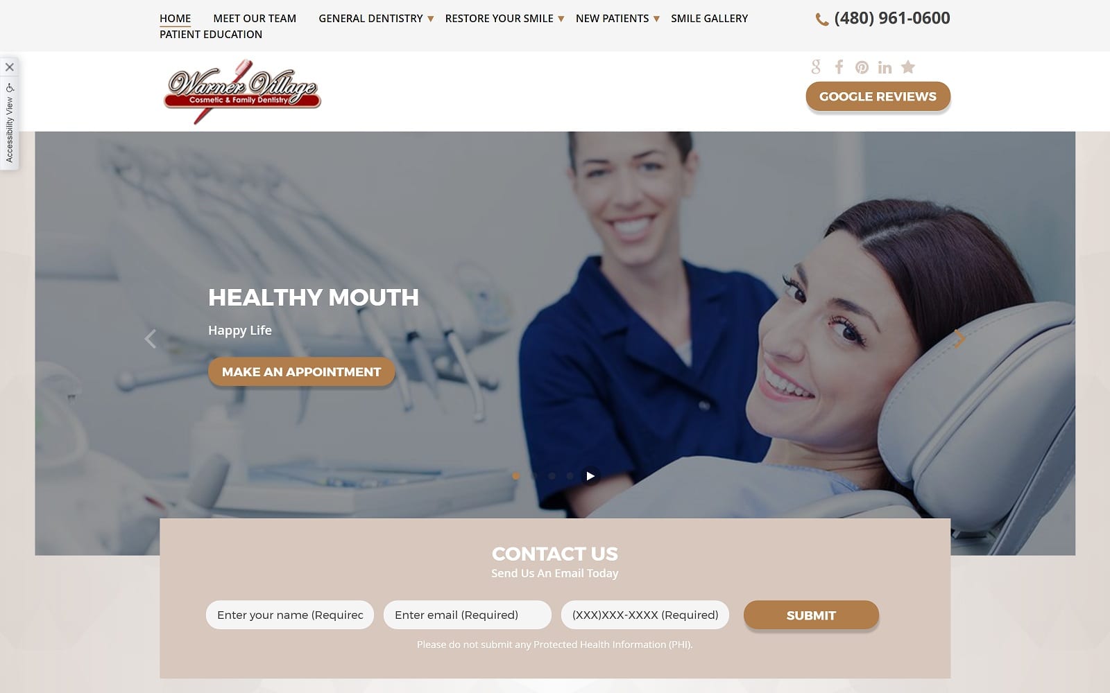 The screenshot of warner village cosmetic & family dentistry tempearizona. Dentist dr. Rima peters website