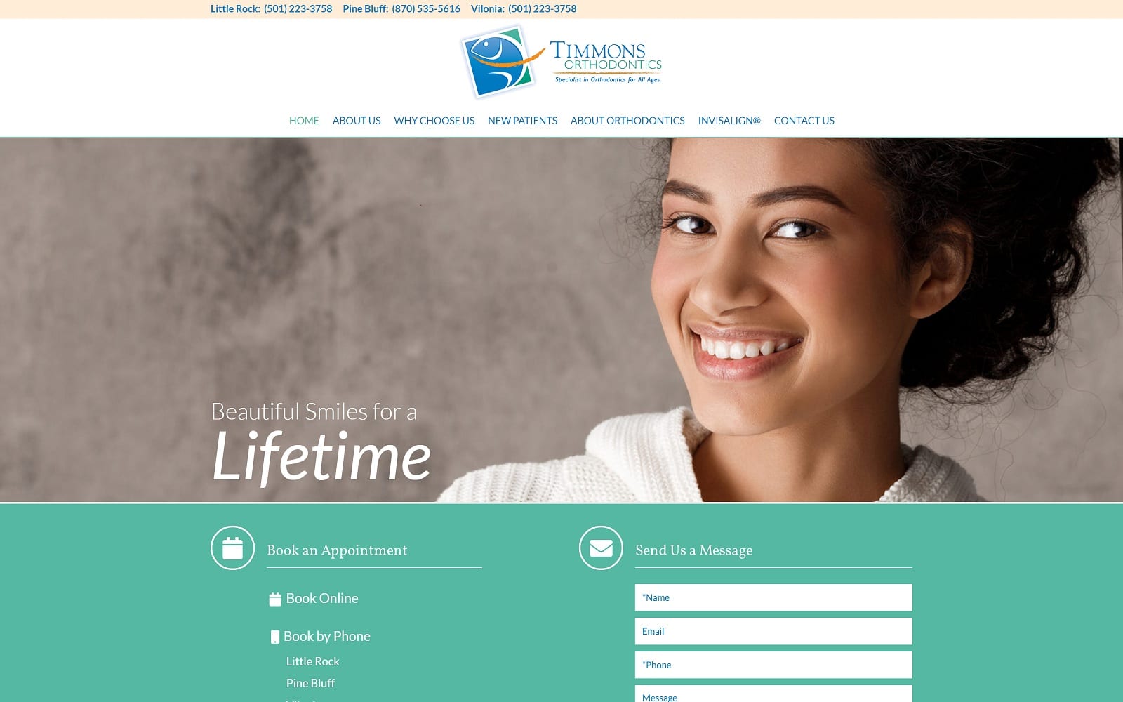 The screenshot of timmons orthodontics timmonsortho. Com website