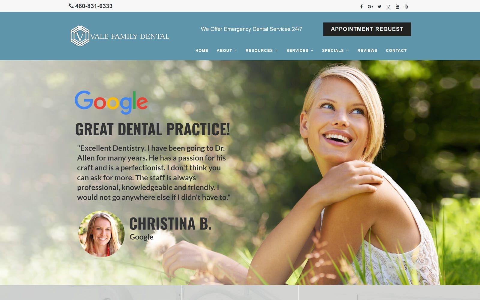 The screenshot of vale family dental valefamilydental. Com dr. Larry allen website