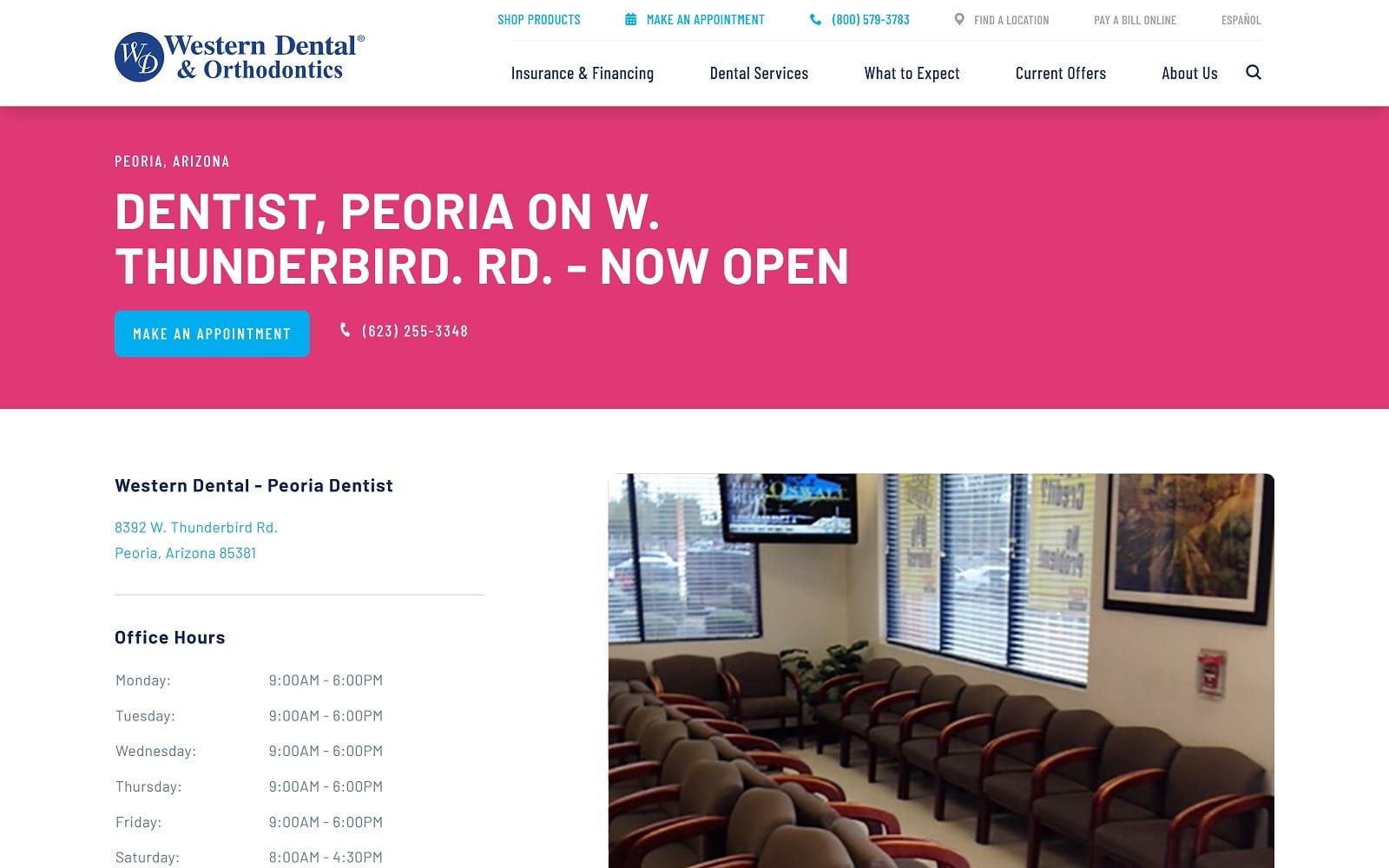 The screenshot of western dental & orthodontics westerndental. Com/en-us/find-a-location/arizona/peoria/8392-w-thunderbird-rd website