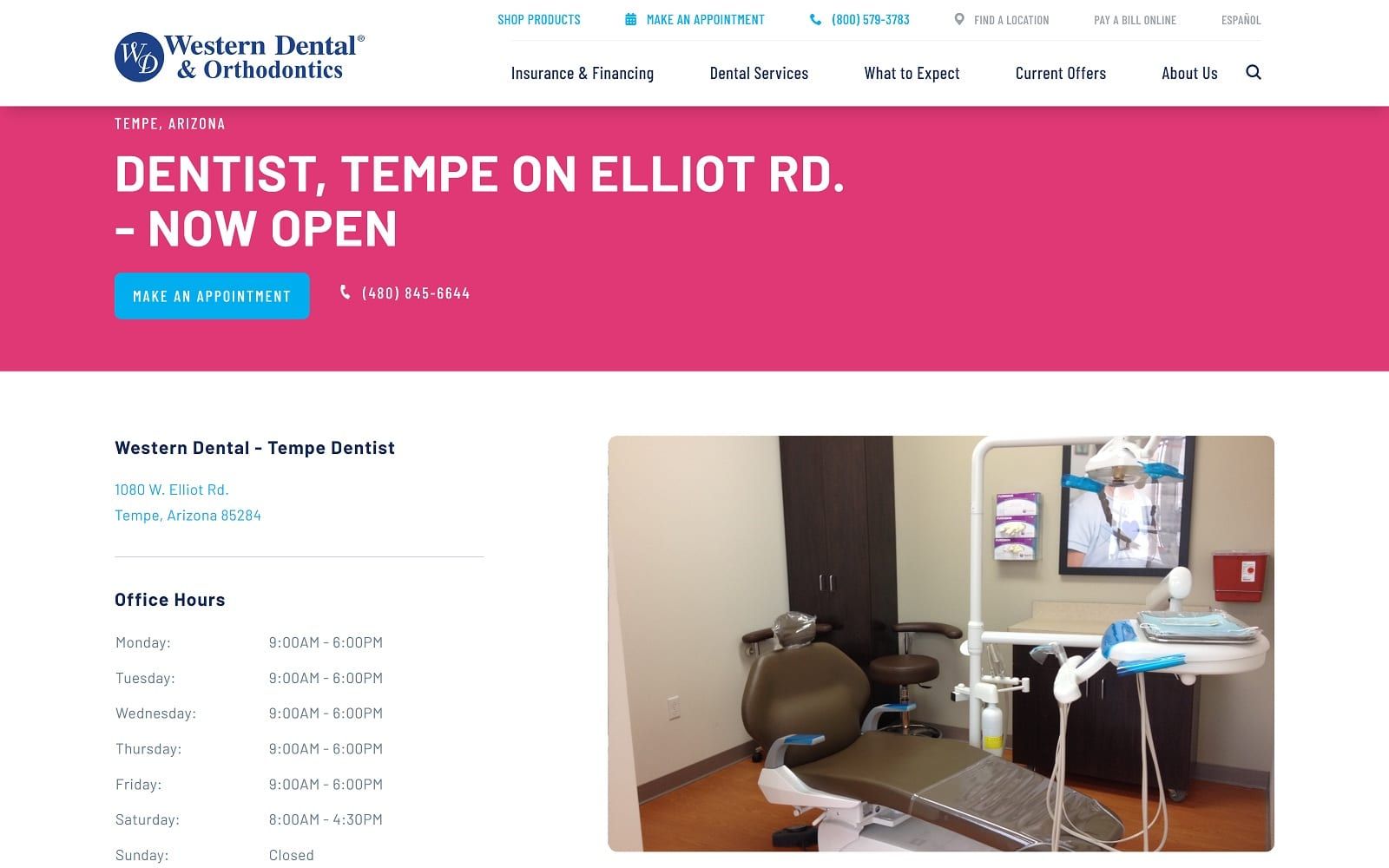 The screenshot of western dental & orthodontics westerndental. Com/en-us/find-a-location/arizona/tempe/1080-w-elliot-rd website
