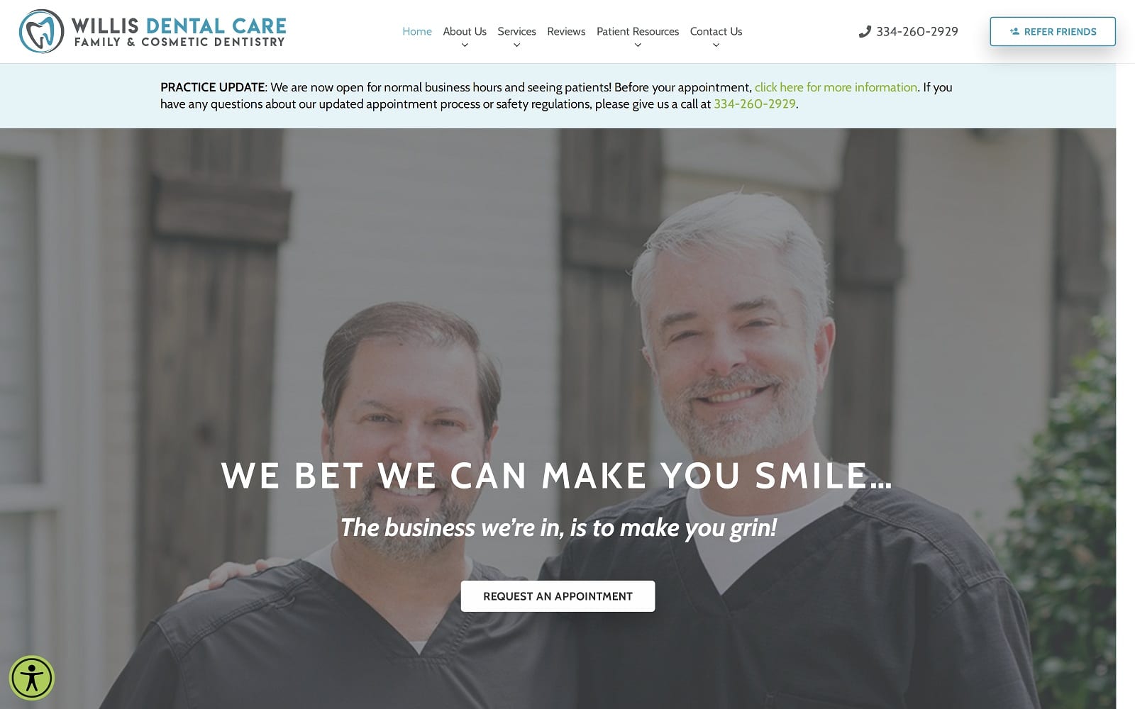 The screenshot of willis dental care willisdentalcare. Com dr. Bradley willis website