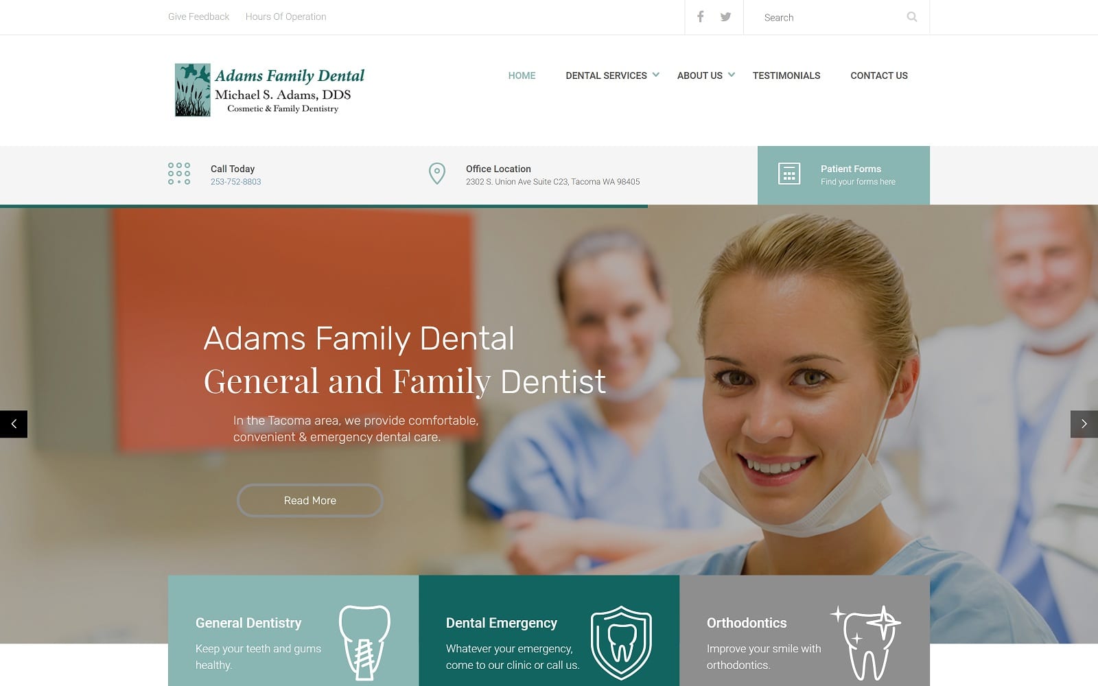 The screenshot of adams family dental adamsfamilydentaltacoma. Com website