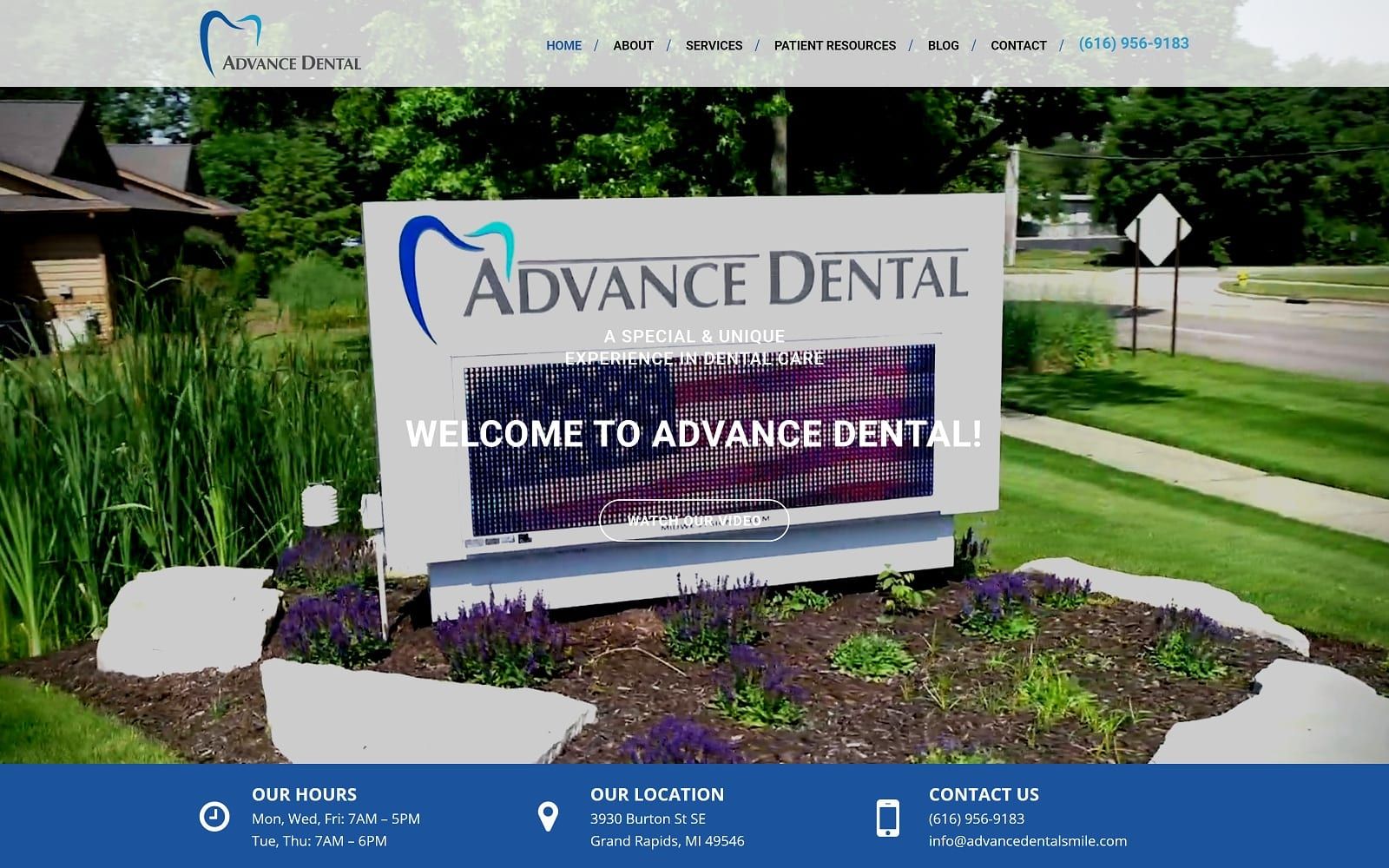 The screenshot of advance dental advancedentalsmile. Com website