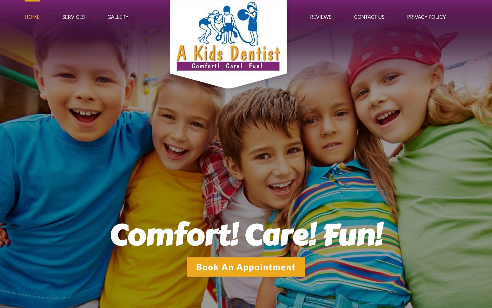 The screenshot of a kids dentist akidsdentist. Com website