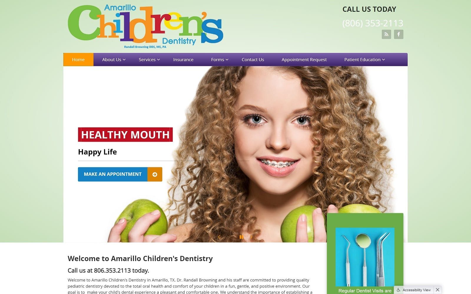 The screenshot of amarillo children's dentistry amachildrensdentistry. Com dr. Randall browning website