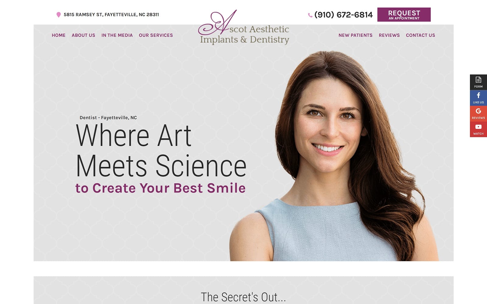 The screenshot of ascot aesthetic implants & dentistry fayetteville ascotaesthetics. Com dr. Angela c. Ruff