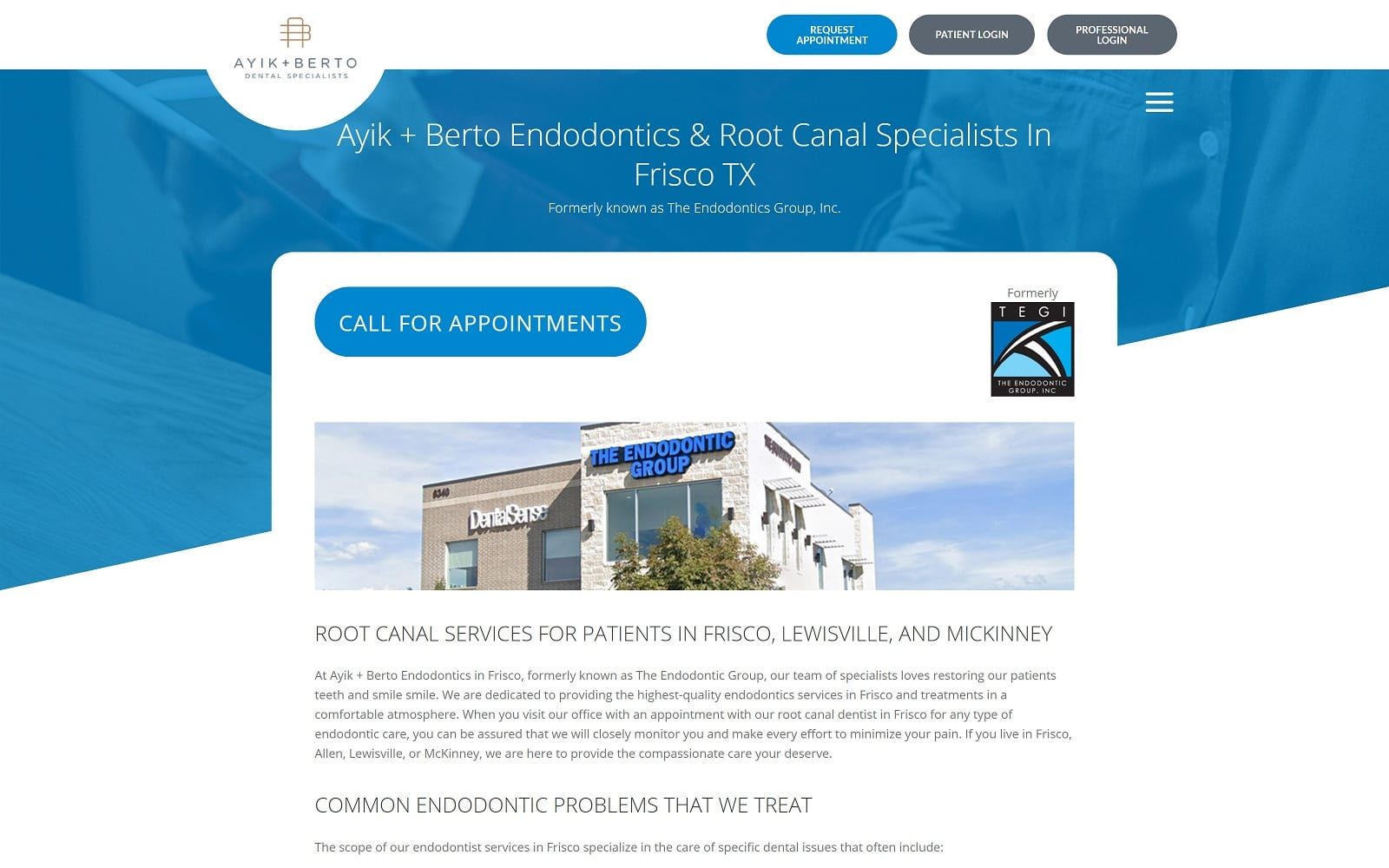 The screenshot of the endodontic group ayikberto. Com/patients/locations/frisco-tx
website