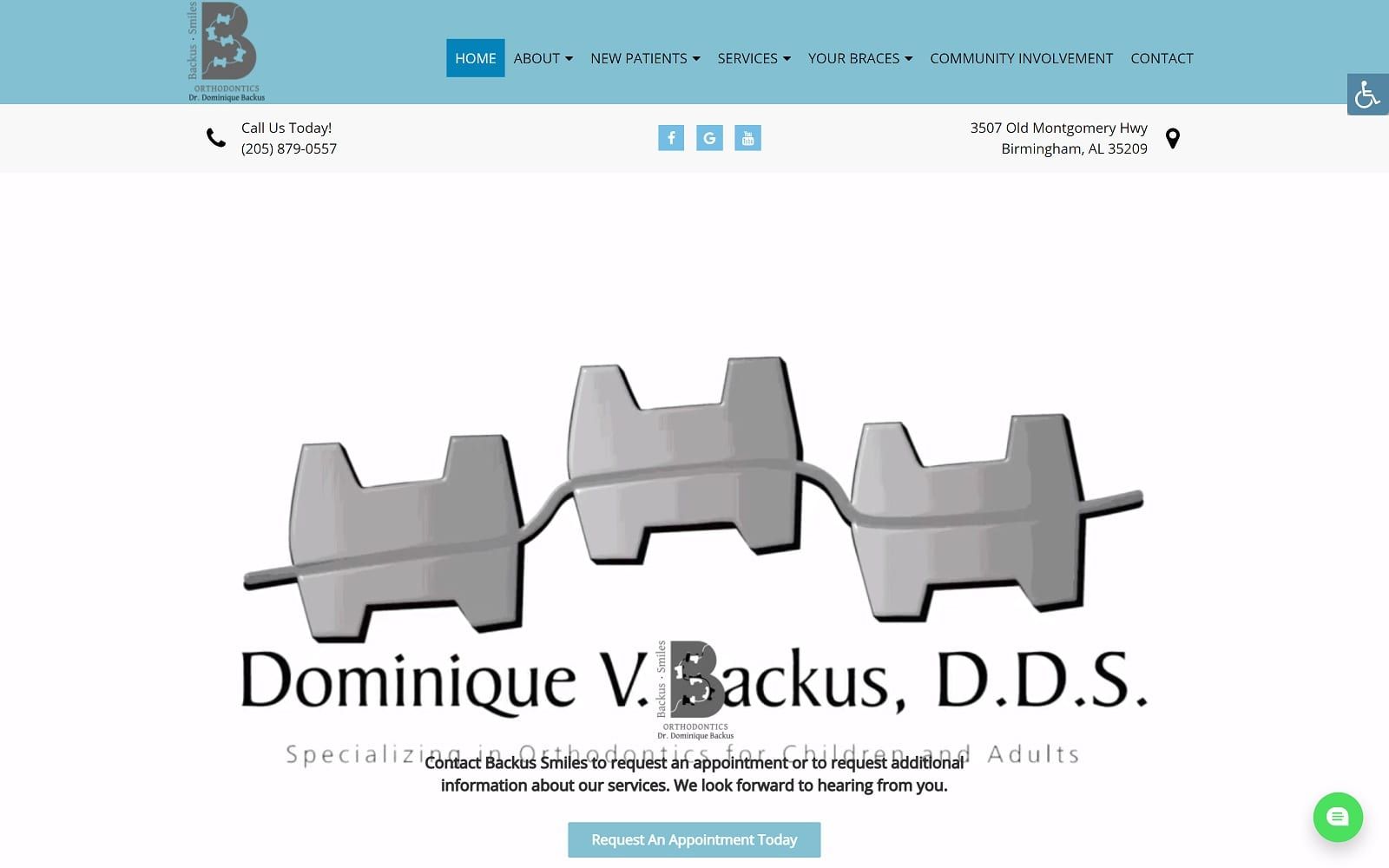 The screenshot of dominique v. Backus, d. D. S. Backusbraces. Com website