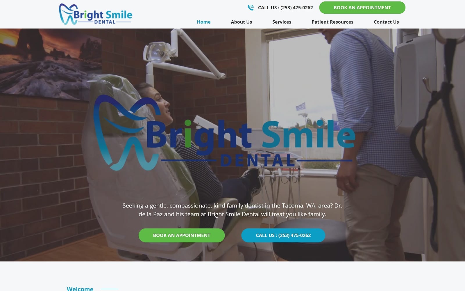 The screenshot of bright smile dental brightsmiletacoma. Com dr. De la paz website