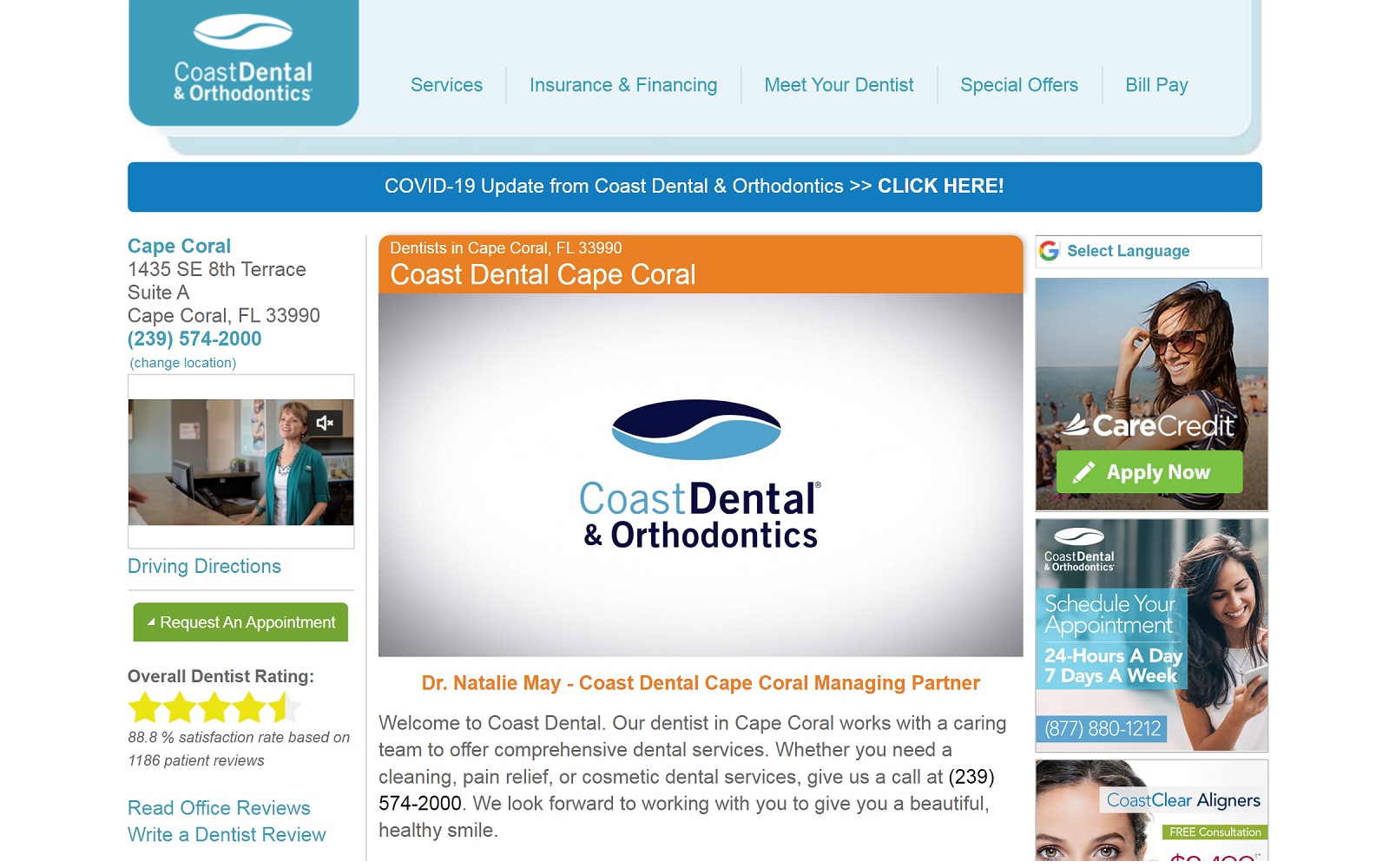 The screenshot of coast dental coastdental. Com/dentist-office/cape-coral-fl-33990 website