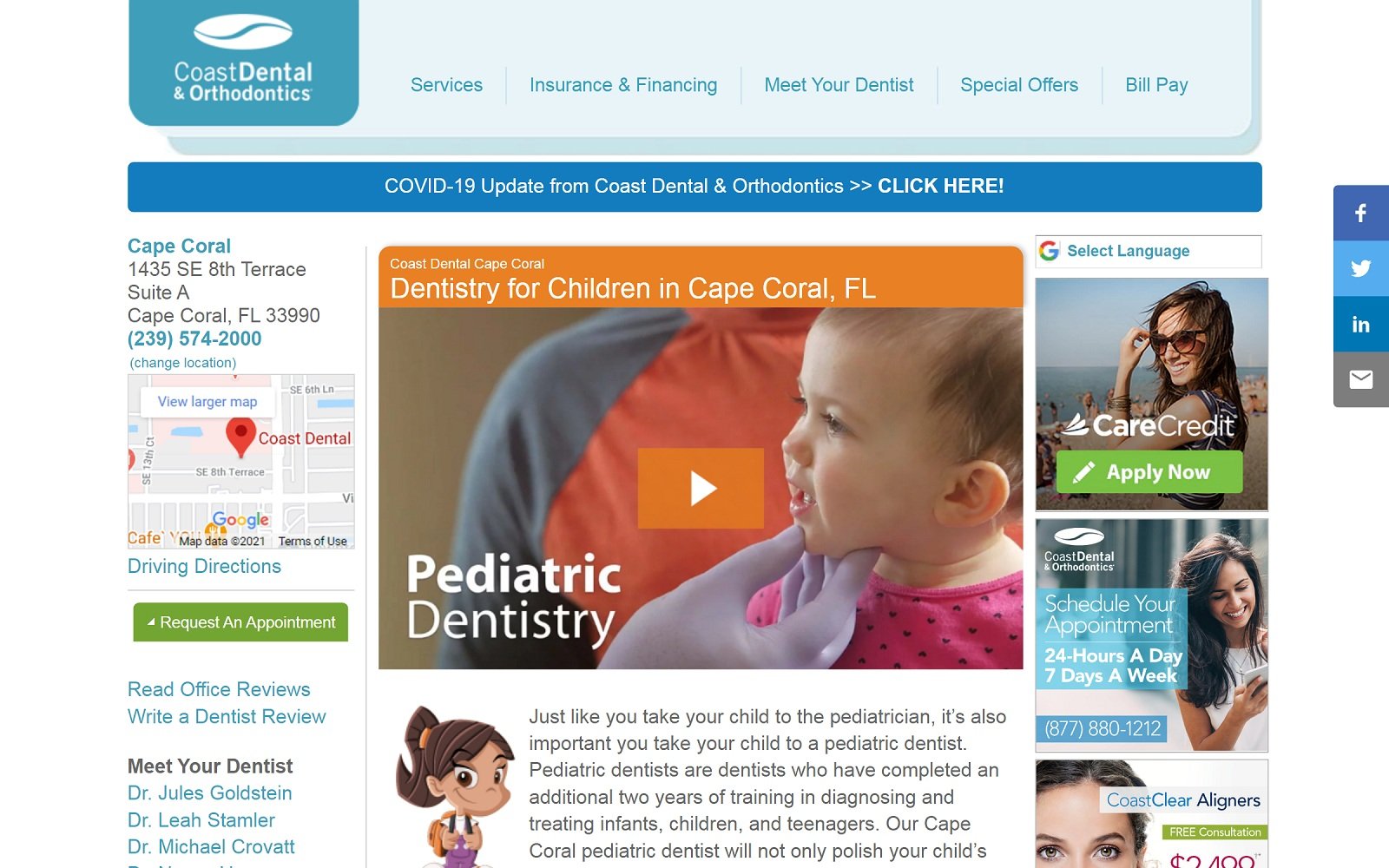 The screenshot of coast dental coastdental. Com/dentist-office/cape-coral-fl-33990 website