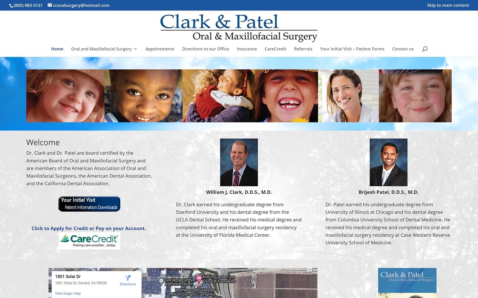 The screenshot of clark and patel oral and maxillofacial surgery coleandclarkoralsurgery. Com dr. Clark and dr. Patel website