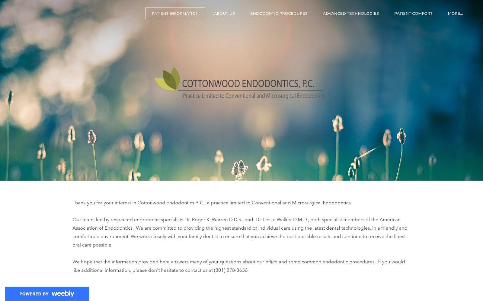 The screenshot of cottonwood endodontics pc cottonwoodendo. Com dr. Roger k. Warren website