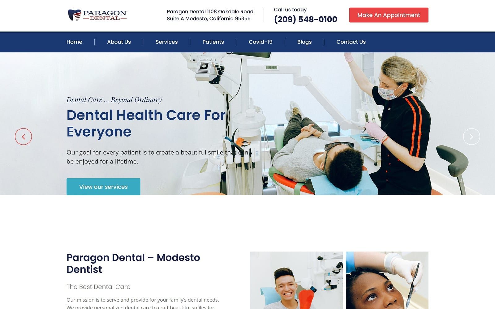The screenshot of paragon dental | implants modesto dentist dentalcaremodesto. Com website