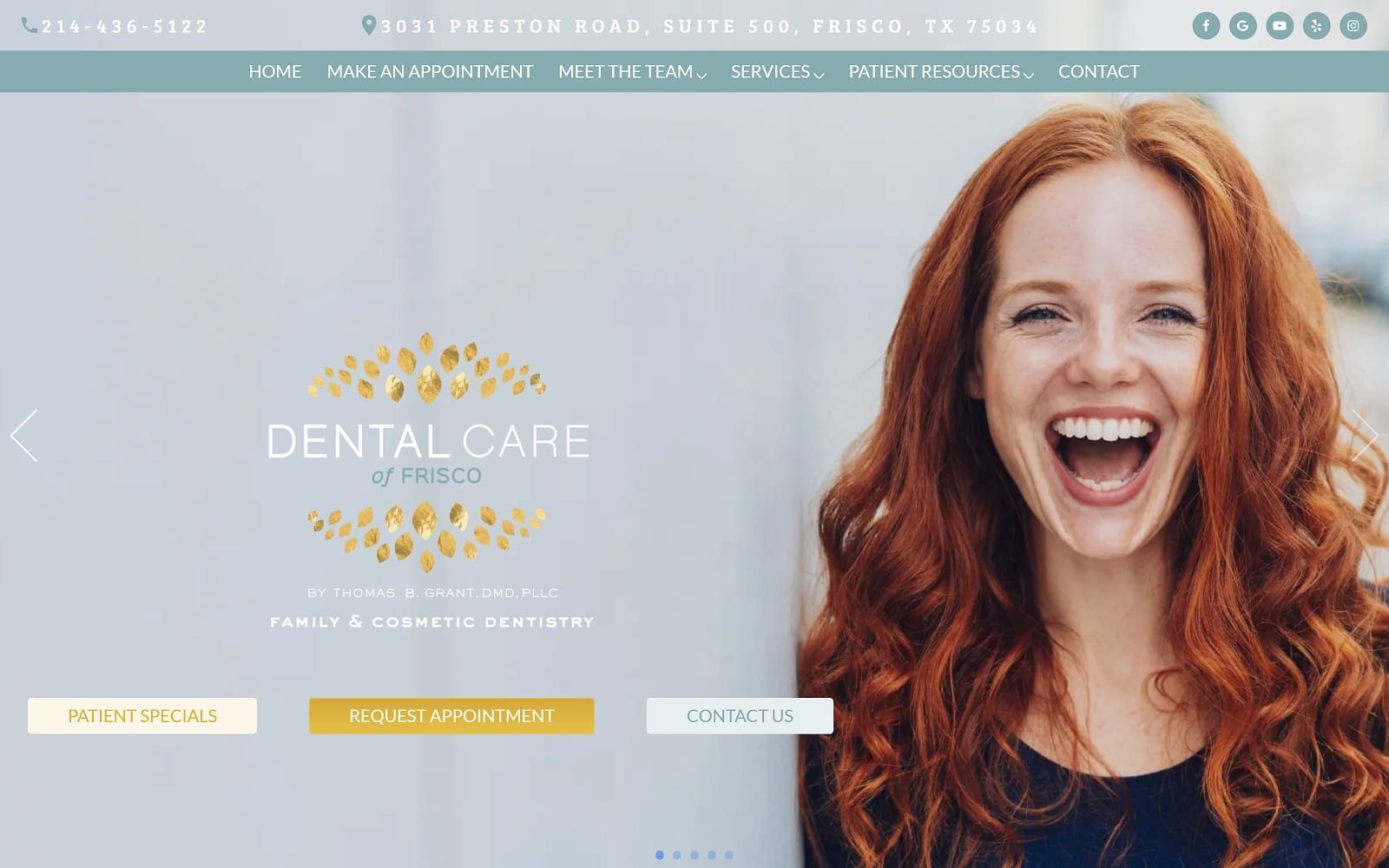 The screenshot of dental care of frisco dentistfrisco. Com dr. Thomas grant website