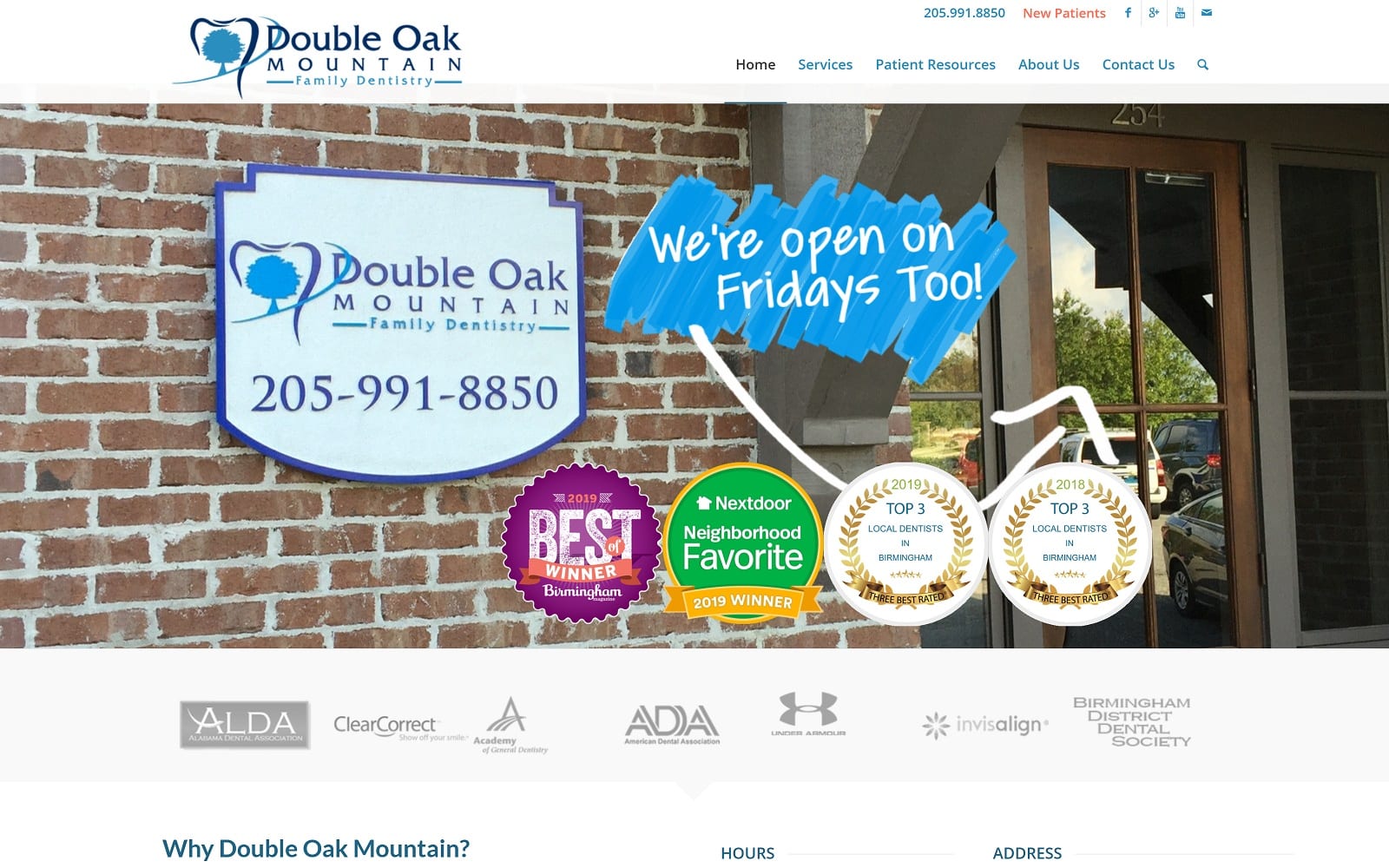 The screenshot of double oak mountain family dentistry domfamilydentistry. Com website