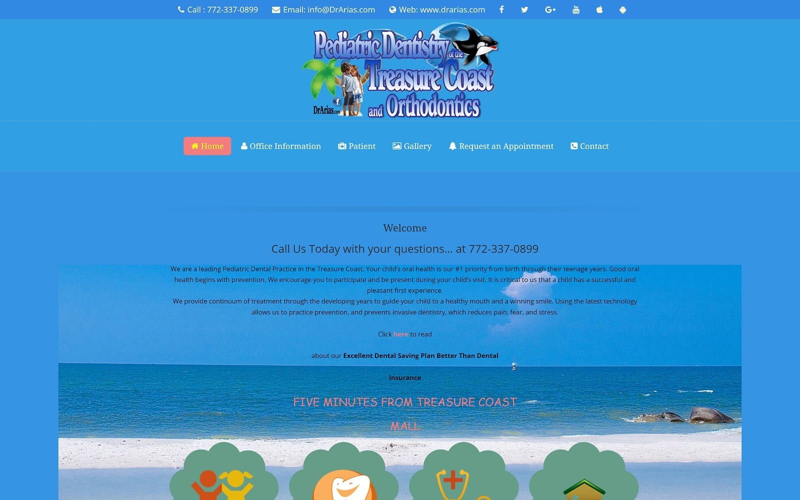 The screenshot of pediatric dentistry of the treasure coast dr. Arias drarias. Com website