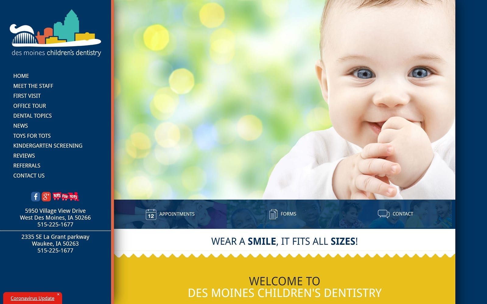 The screenshot of des moines children's dentistry dsmpd. Com website
